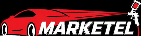 Red sports car logo with Marketel text and spray paint can icon